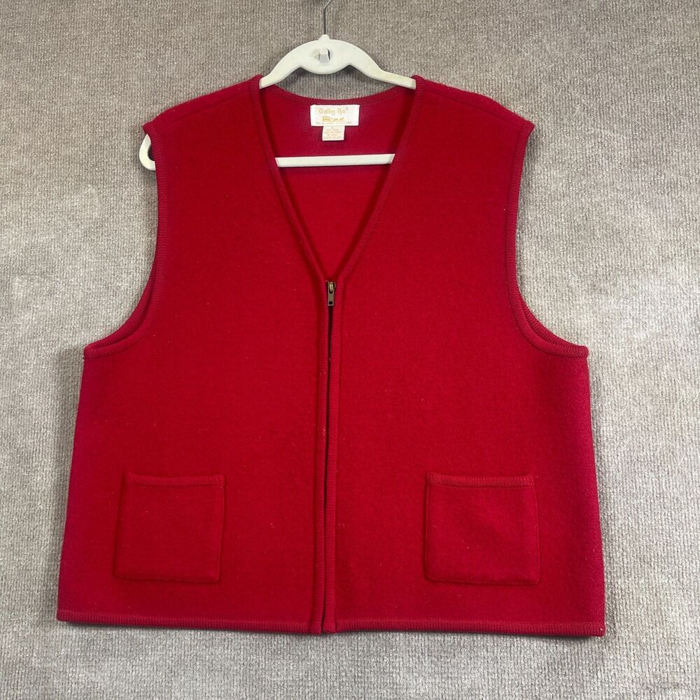 Vintage Tally Ho Sweater Vest Womens XL Red Full Zip 100% Wool Knit Classic